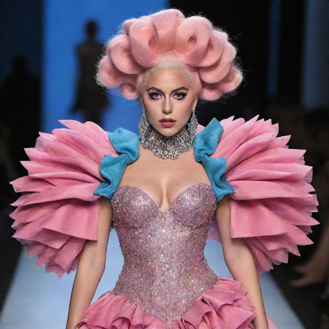 A model on a runway, adorned in a creatively eccentric and flamboyant outfit designed in a collaboration between Lady Gaga and Effie Trinket