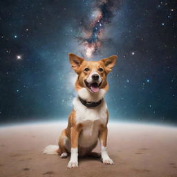 A brave dog floating in the vast expanse of outer space, with distant stars and galaxies as backdrop