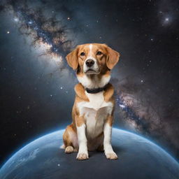 A brave dog floating in the vast expanse of outer space, with distant stars and galaxies as backdrop