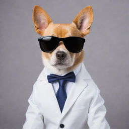 A cute dog wearing a stylish suit and cool sunglasses