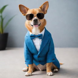 A cute dog wearing a stylish suit and cool sunglasses