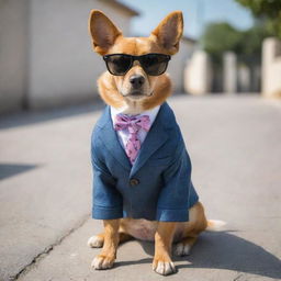 A cute dog wearing a stylish suit and cool sunglasses