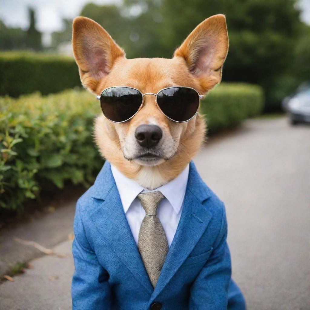 A cute dog wearing a stylish suit and cool sunglasses