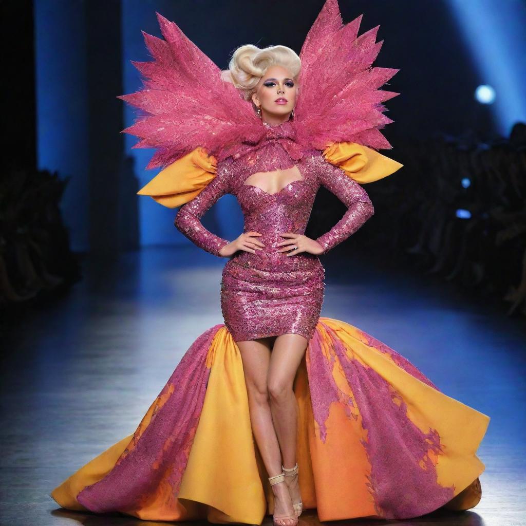 A model in a spotlight on a runway, wearing an eccentric and vibrant outfit, a unique collaboration between Lady Gaga and Effie Trinket