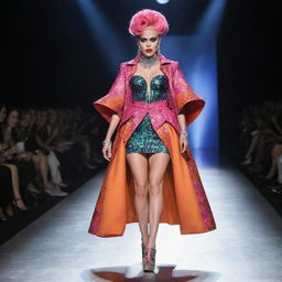 A model in a spotlight on a runway, wearing an eccentric and vibrant outfit, a unique collaboration between Lady Gaga and Effie Trinket