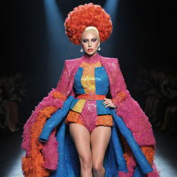 A model in a spotlight on a runway, wearing an eccentric and vibrant outfit, a unique collaboration between Lady Gaga and Effie Trinket