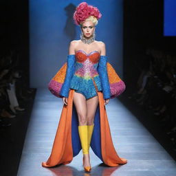 A model in a spotlight on a runway, wearing an eccentric and vibrant outfit, a unique collaboration between Lady Gaga and Effie Trinket