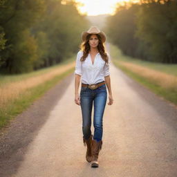 Cowgirl in casual attire strolling down a secluded road during summertime, surrounded by the warm hues of the setting sun