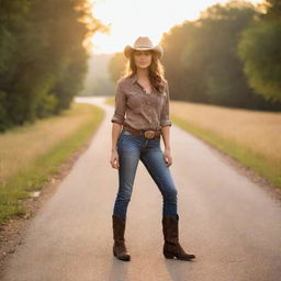 Cowgirl in casual attire strolling down a secluded road during summertime, surrounded by the warm hues of the setting sun