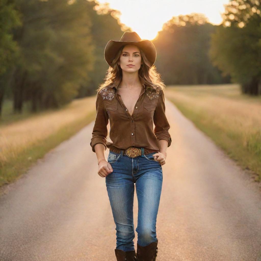 Cowgirl in casual attire strolling down a secluded road during summertime, surrounded by the warm hues of the setting sun