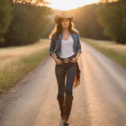 Cowgirl in casual attire strolling down a secluded road during summertime, surrounded by the warm hues of the setting sun