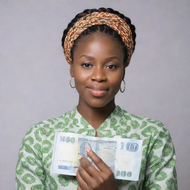 A Nigerian African woman with back-braided hair, holding a life-size 1000 Naira note at eye level in awe, against a plain background