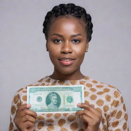 A Nigerian African woman with back-braided hair, holding a life-size 1000 Naira note at eye level in awe, against a plain background