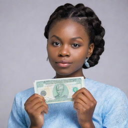 A Nigerian African woman with back-braided hair, holding a life-size 1000 Naira note at eye level in awe, against a plain background