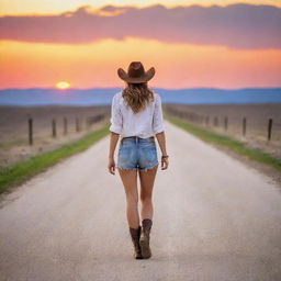 Cowgirl in short clothing walking alone on a deserted road in the summer, lit by the vivid colors of a summer sunset