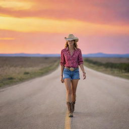 Cowgirl in short clothing walking alone on a deserted road in the summer, lit by the vivid colors of a summer sunset