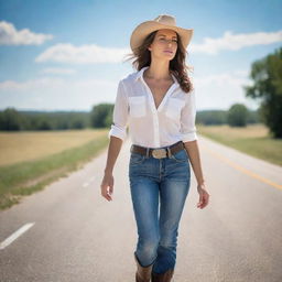 A confident cowgirl in casual summer attire, strolling down a solitary road with a clear, sunlit, summer sky above her