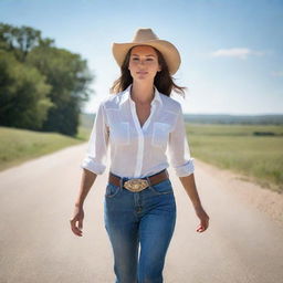 A confident cowgirl in casual summer attire, strolling down a solitary road with a clear, sunlit, summer sky above her