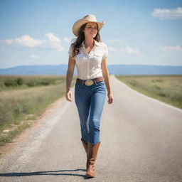 A confident cowgirl in casual summer attire, strolling down a solitary road with a clear, sunlit, summer sky above her