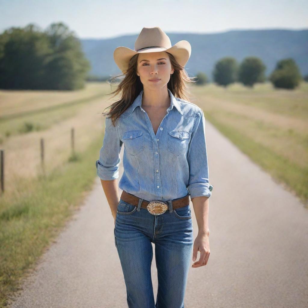 A confident cowgirl in casual summer attire, strolling down a solitary road with a clear, sunlit, summer sky above her