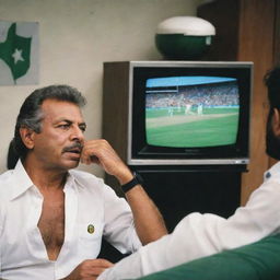 Zaheer Abbas, the iconic Pakistani cricketer, engrossed in watching a cricket match between Pakistan and New Zealand on a sleek modern LED television.