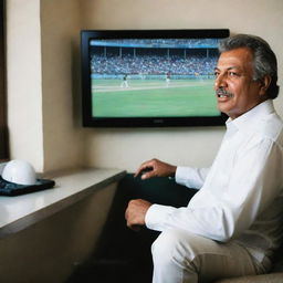 Zaheer Abbas, the iconic Pakistani cricketer, engrossed in watching a cricket match between Pakistan and New Zealand on a sleek modern LED television.