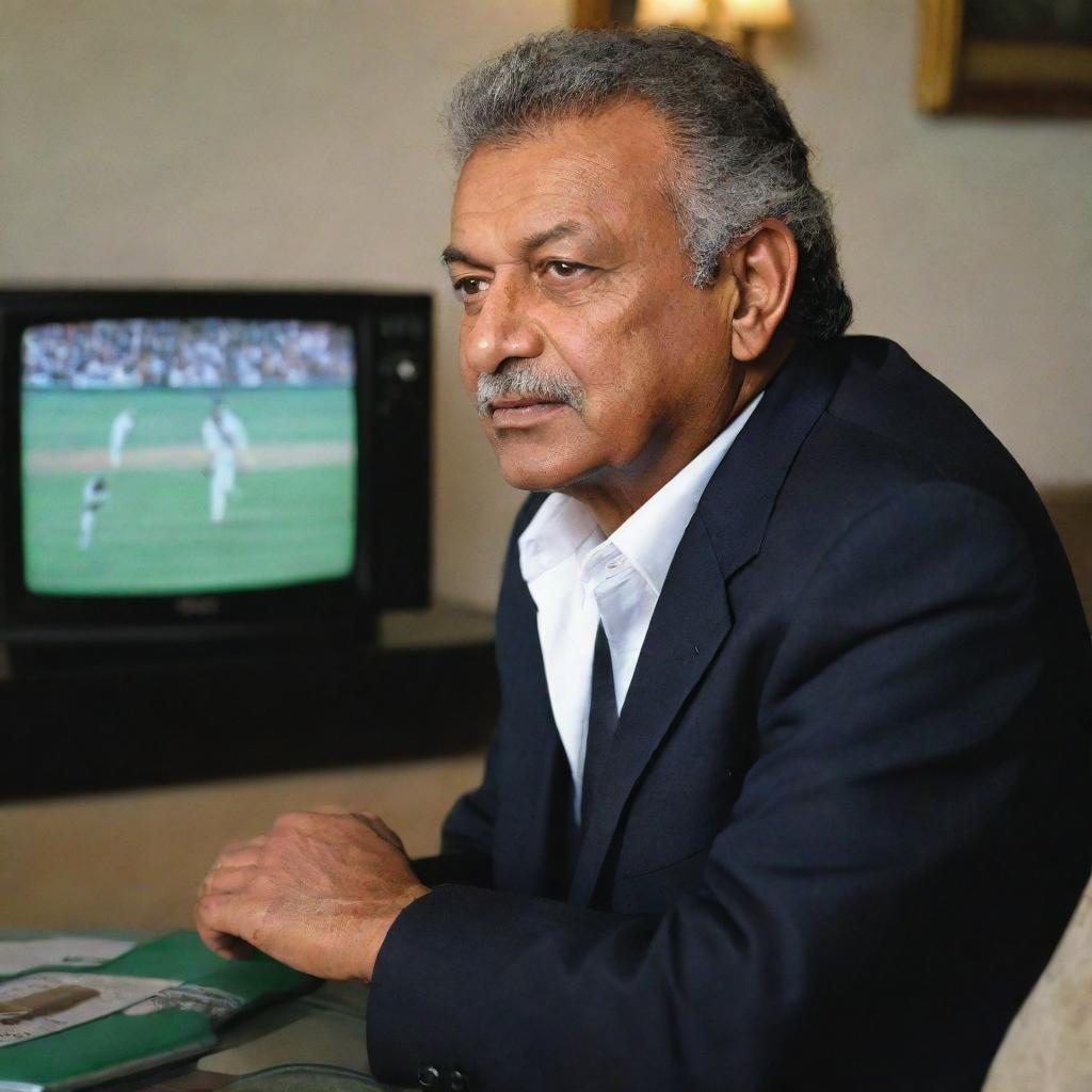 Zaheer Abbas, the iconic Pakistani cricketer, engrossed in watching a cricket match between Pakistan and New Zealand on a sleek modern LED television.