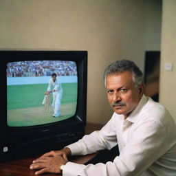 Zaheer Abbas, the iconic Pakistani cricketer, engrossed in watching a cricket match between Pakistan and New Zealand on a sleek modern LED television.