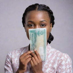 A Nigerian African woman with back-braided hair, holding a life-size 1000 Naira note at eye level, absorbingly gazing at the note in her hands in awe, against a plain background