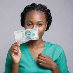 A Nigerian African woman with back-braided hair, holding a life-size 1000 Naira note at eye level, absorbingly gazing at the note in her hands in awe, against a plain background