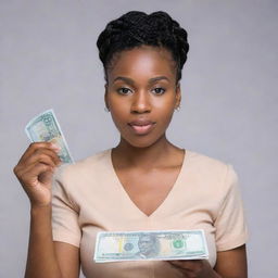 A Nigerian African woman with back-braided hair, holding a life-size 1000 Naira note at eye level, absorbingly gazing at the note in her hands in awe, against a plain background