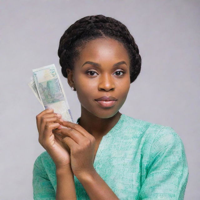 A Nigerian African woman with back-braided hair, holding a life-size 1000 Naira note at eye level, absorbingly gazing at the note in her hands in awe, against a plain background