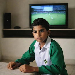 A boy wearing a shirt with the name 'Zaheer Abbas' is engrossed in watching a T20 cricket match between Pakistan and New Zealand on a sleek, modern LED television.