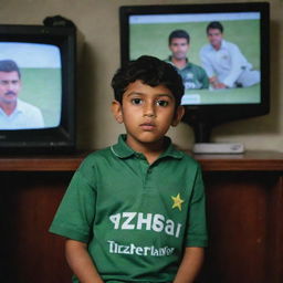 A boy wearing a shirt with the name 'Zaheer Abbas' is engrossed in watching a T20 cricket match between Pakistan and New Zealand on a sleek, modern LED television.