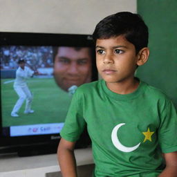 A boy wearing a shirt with the name 'Zaheer Abbas' is engrossed in watching a T20 cricket match between Pakistan and New Zealand on a sleek, modern LED television.