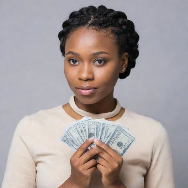 A Nigerian African woman with back-braided hair, holding 5-10 dollar notes with one hand at eye level, astoundedly looking at the bills in her hand, against a plain background