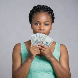 A Nigerian African woman with back-braided hair, holding 5-10 dollar notes with one hand at eye level, astoundedly looking at the bills in her hand, against a plain background