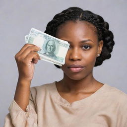 A Nigerian African woman with back-braided hair, holding 5-10 dollar notes with one hand at eye level, astoundedly looking at the bills in her hand, against a plain background