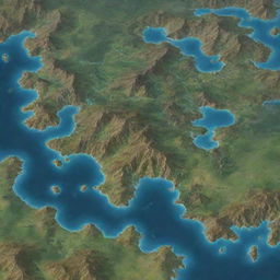 Generate a detailed fantasy world map with diverse terrains such as mountain ranges, vast oceans, sprawling forests, mysterious islands, and enchanting cities.