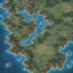 Generate a detailed fantasy world map with diverse terrains such as mountain ranges, vast oceans, sprawling forests, mysterious islands, and enchanting cities.