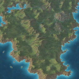 Generate a detailed fantasy world map with diverse terrains such as mountain ranges, vast oceans, sprawling forests, mysterious islands, and enchanting cities.