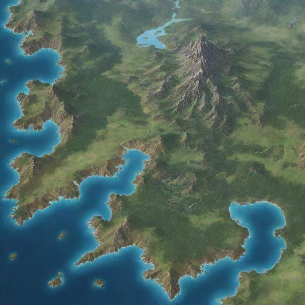 Generate a detailed fantasy world map with diverse terrains such as mountain ranges, vast oceans, sprawling forests, mysterious islands, and enchanting cities.