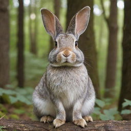 A wise and old rabbit, its fur graying but eyes sparkling with wisdom, sitting in a peaceful forest environment