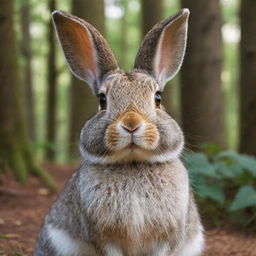 A wise and old rabbit, its fur graying but eyes sparkling with wisdom, sitting in a peaceful forest environment