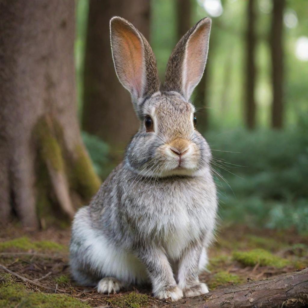 A wise and old rabbit, its fur graying but eyes sparkling with wisdom, sitting in a peaceful forest environment