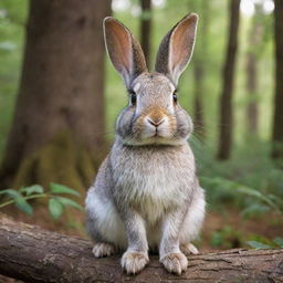 A wise and old rabbit, its fur graying but eyes sparkling with wisdom, sitting in a peaceful forest environment