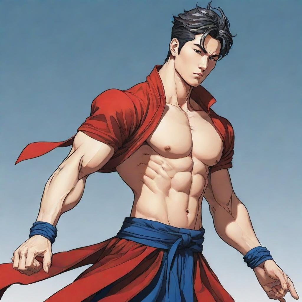 Detailed Manhwa (Korean comic) style character in dynamic pose. A blend of traditional and modern styles, with intricate details, bold lines and vibrant colors.