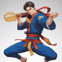 Detailed Manhwa (Korean comic) style character in dynamic pose. A blend of traditional and modern styles, with intricate details, bold lines and vibrant colors.