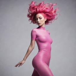 A striking, dynamic pose from a figure with vibrant pink hair.