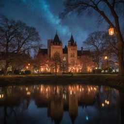 A mystical college campus adorned with floating lanterns, ancient trees radiating ethereal lights, fringed by gothic architecture and the sky painted with enchanted auroras.